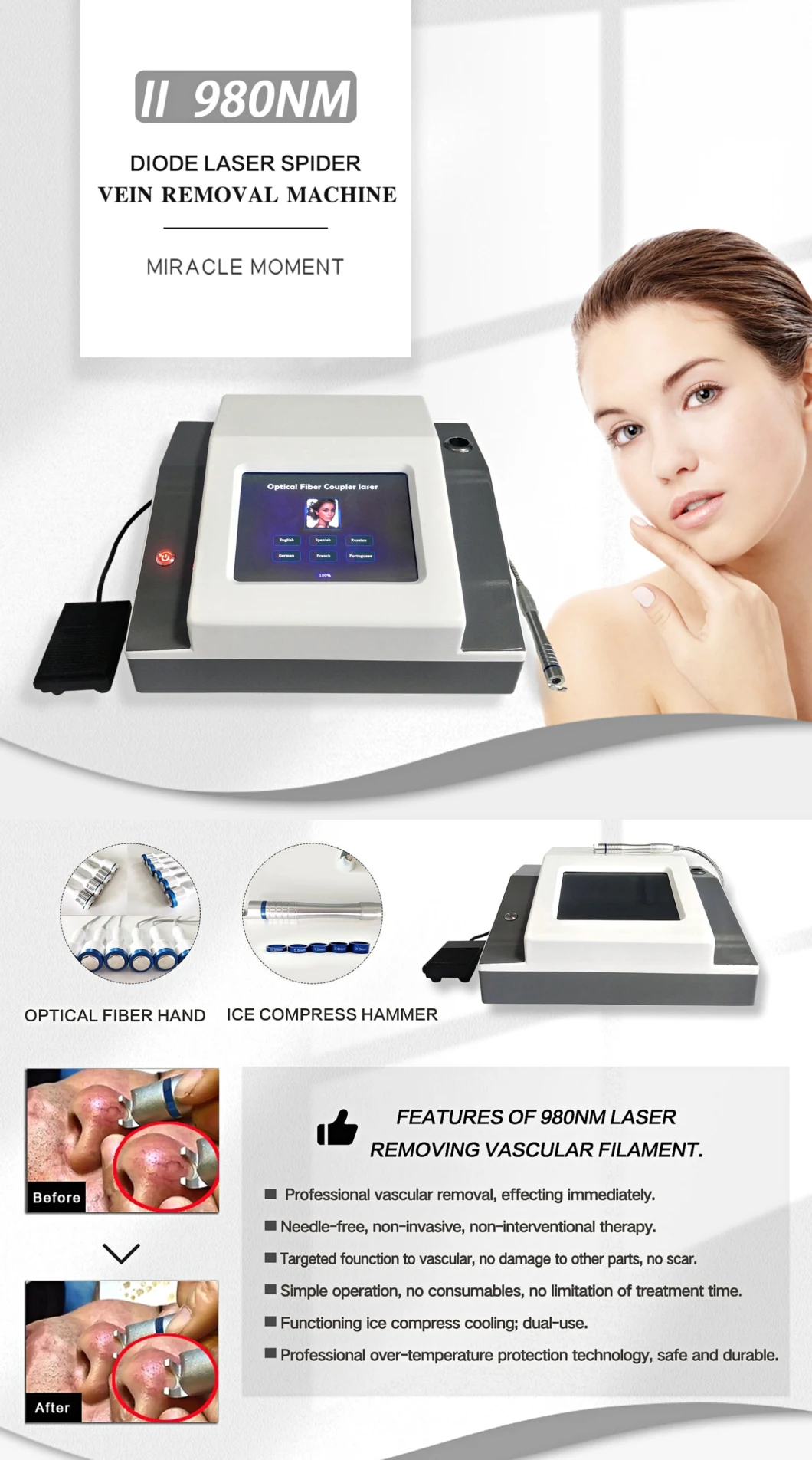 High Performance 980nm Diode Laser Vascular Spider Vein Removal Machine